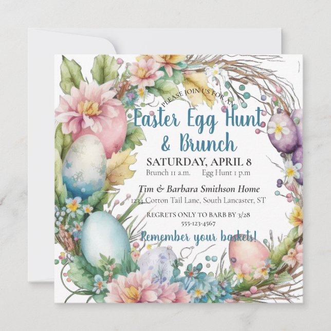 Invitation de couronne de Pâques aquarelle Brunch, (Devant)