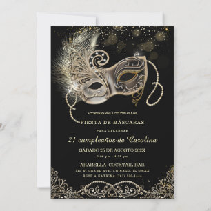 Invitation De Cumpleaños Masquerade En Oro Negro