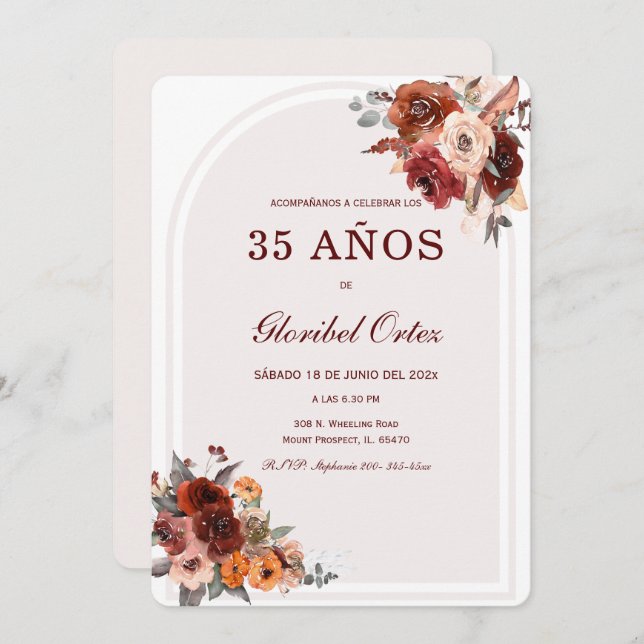 Invitation De Cumpleaños Terracota Borgoña (Devant / Derrière)