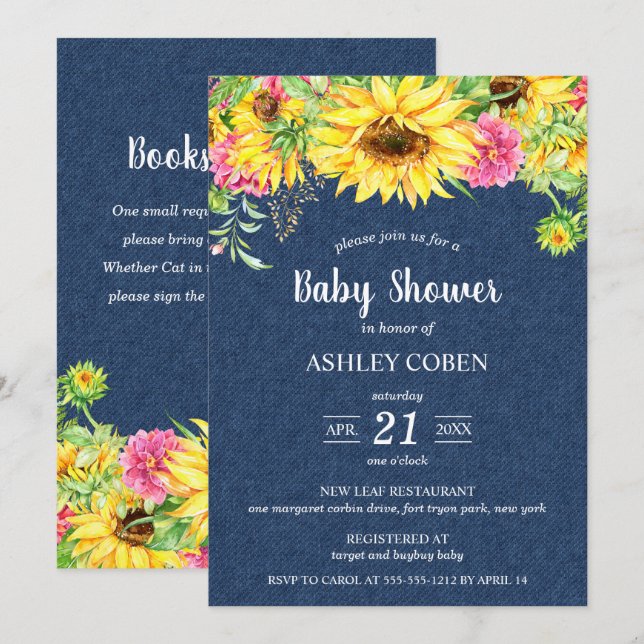 Invitation de Denim Baby shower avec des tournesol (Devant / Derrière)
