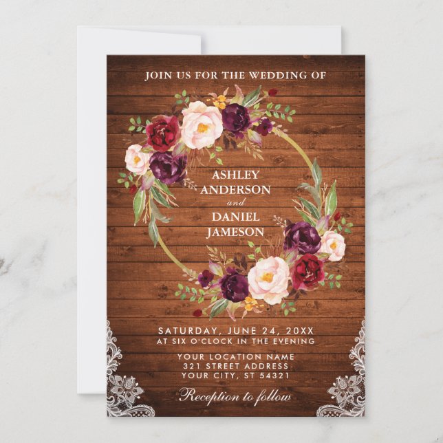 Invitation de dentelle en bois de Mariage rustique (Devant)