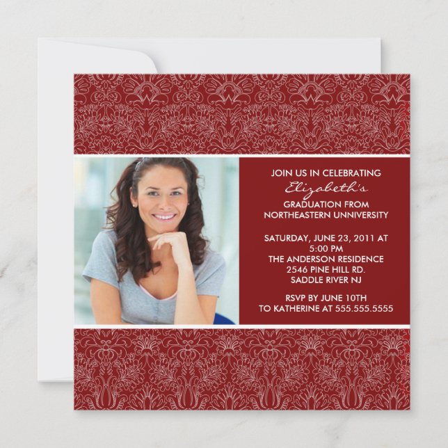 Invitation de diplôme avec photo Damask rouge (Devant)