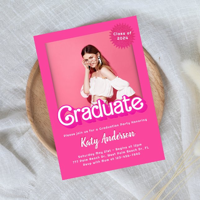 Invitation de diplôme de poupée rose chaude Malibu (Créateur téléchargé)