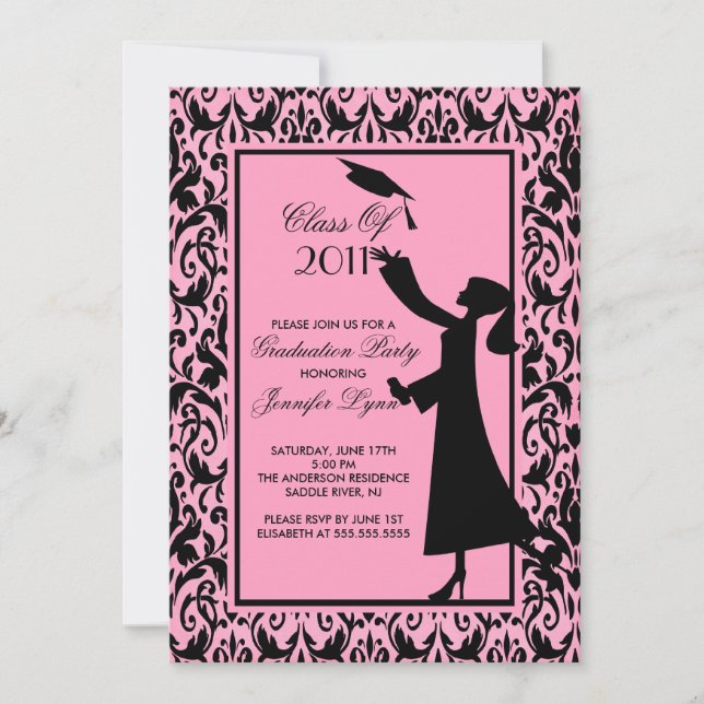 Invitation de diplôme en damas rose Silhouette Gra (Devant)