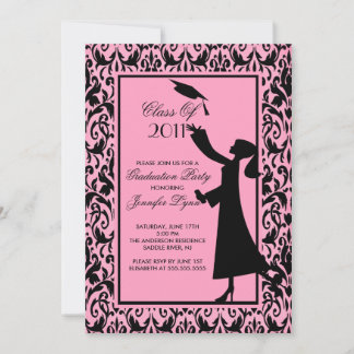 Invitation de diplôme en damas rose Silhouette Gra