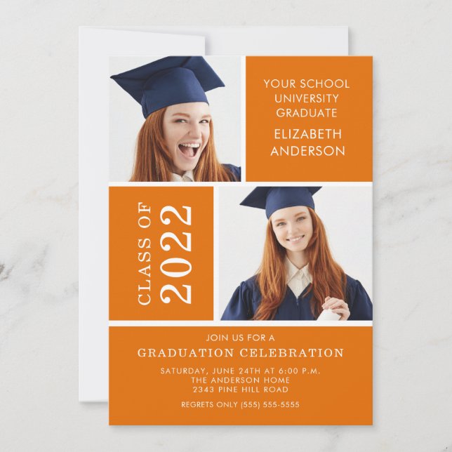 Invitation de diplôme en photo ~Classy Orange & Wh (Devant)