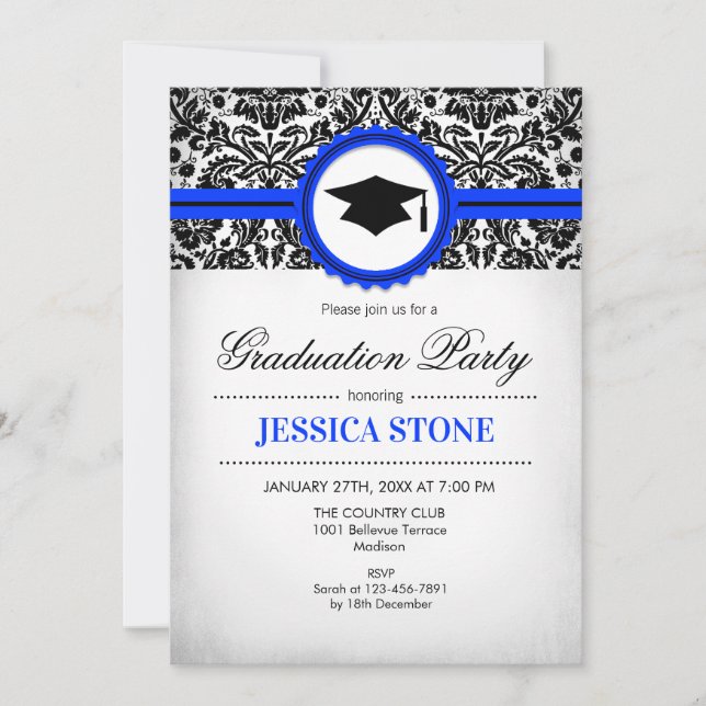Invitation de diplôme - Royal Blue Black White (Devant)