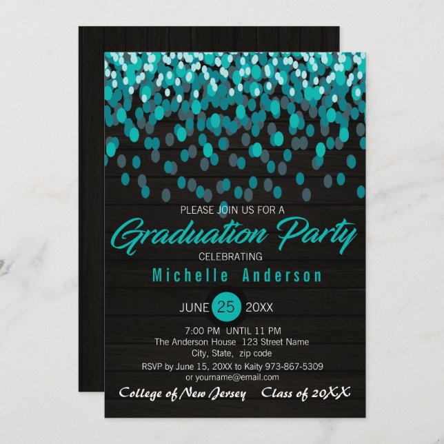 Invitation de diplôme Turquoise Colorée Confetti (Devant / Derrière)