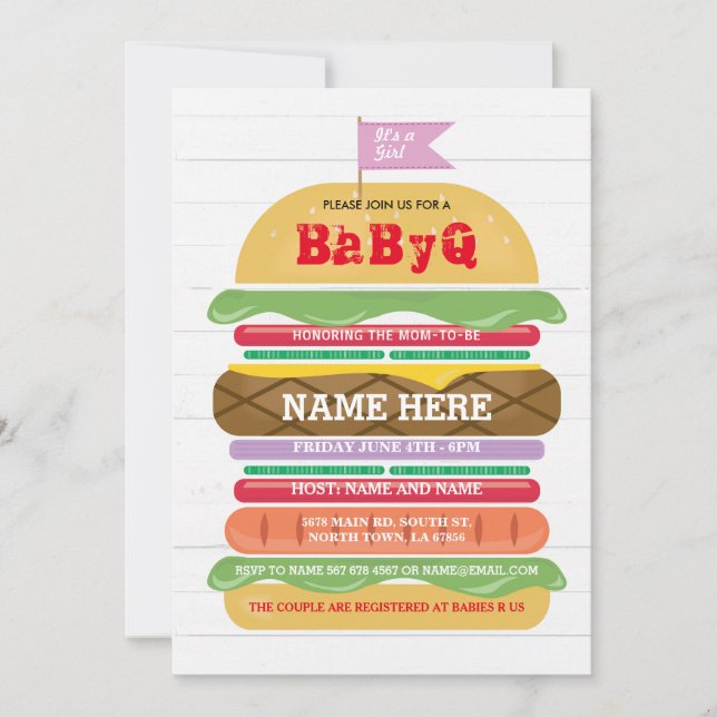 Invitation de douche BaByQ BBBQ Baby shower fille  (Devant)