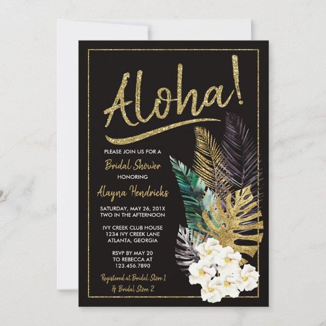 Invitation de douche nuptiale Aloha, Or Faux (Devant)