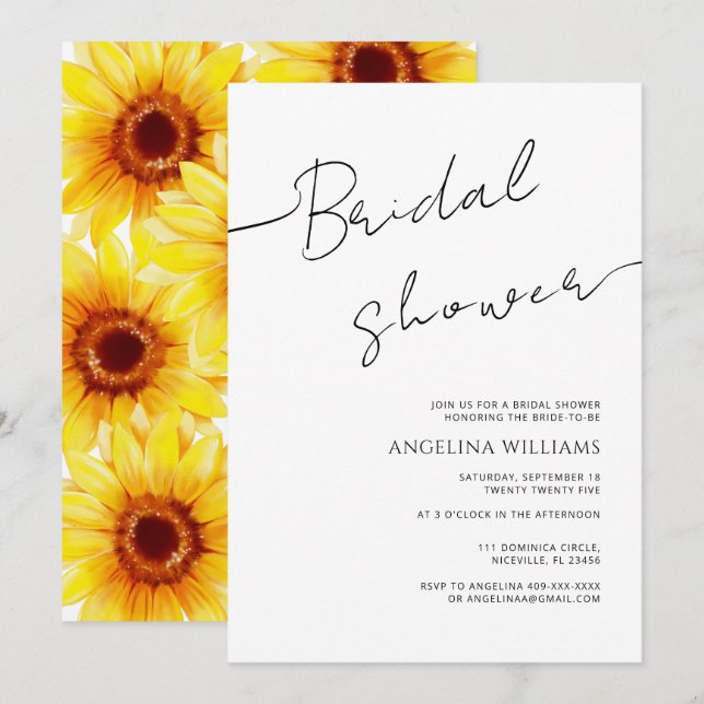 Invitation de douche nuptiale Aquarelle Tournesol (Devant / Derrière)