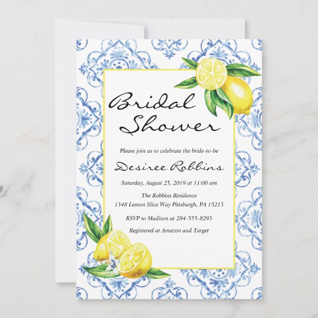 Invitation de douche nuptiale citron, Carrelage bl (Devant)