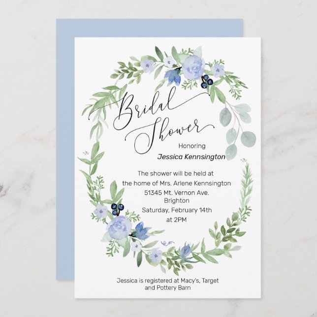 Invitation de douche nuptiale Fleurs bleues glacée (Devant / Derrière)