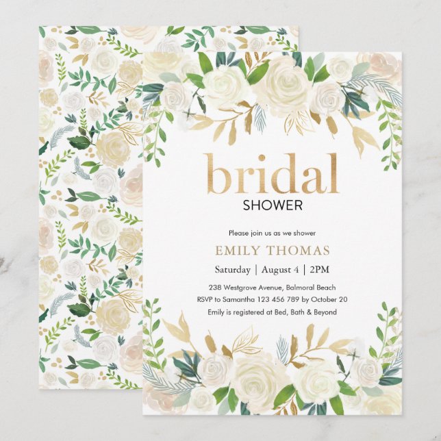 Invitation de douche nuptiale | Floral blanc et or (Devant / Derrière)