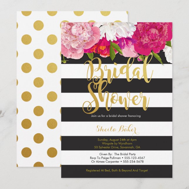 Invitation de douche nuptiale - Floral noir blanc (Devant / Derrière)