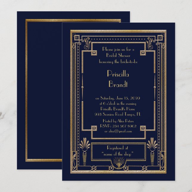 Invitation de douche nuptiale, grand Gatsby marine (Devant / Derrière)