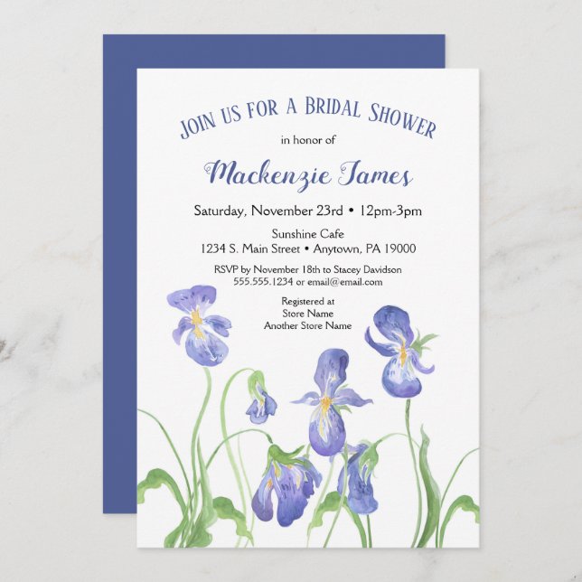 Invitation de douche nuptiale Iris violet printemp (Devant / Derrière)