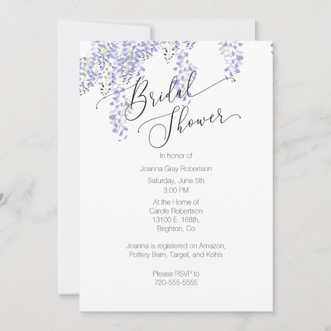 Invitation de douche nuptiale Lavender Wisteria (Devant)