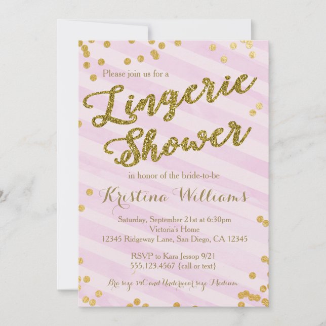 Invitation de douche nuptiale Lingerie rose et or (Devant)