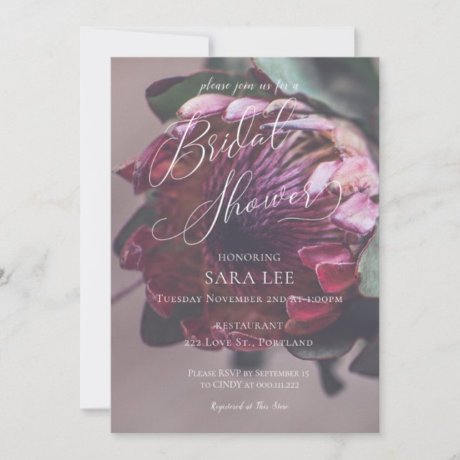 Invitation de douche nuptiale mariage Protea Purpl (Devant)