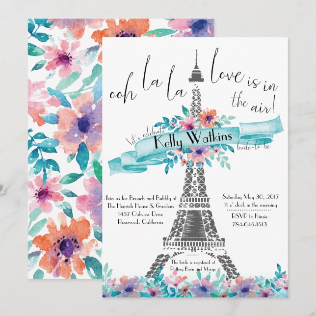 Invitation de douche nuptiale - Paris, Floral (Devant / Derrière)