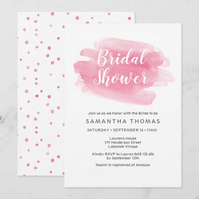 Invitation de douche nuptiale rose Aquarelle (Devant / Derrière)