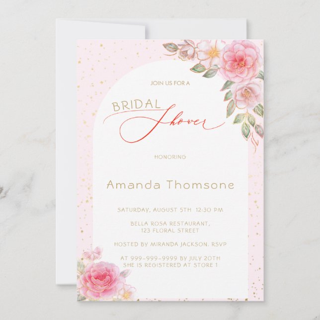 Invitation de douche nuptiale rose florale (Devant)