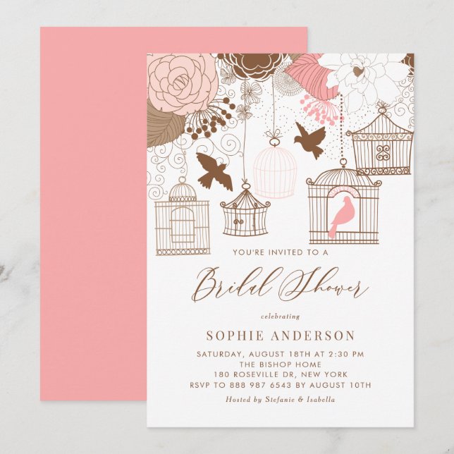 Invitation de douche nuptiale rose Whimsical Birdc (Devant / Derrière)