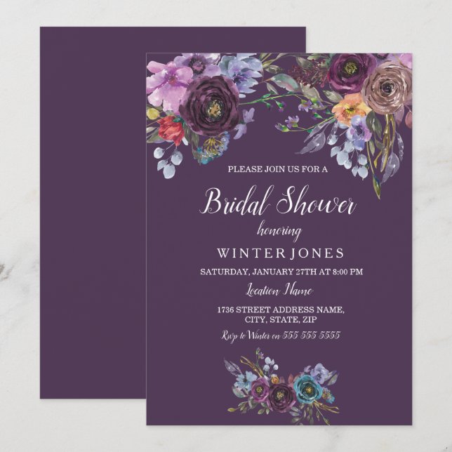 Invitation de douche nuptiale Turquoise violette (Devant / Derrière)