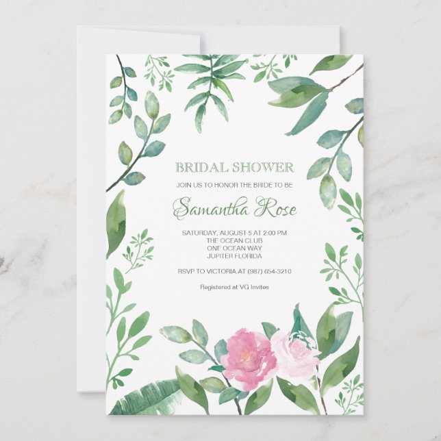 Invitation de douche nuptiale Verdure et roses ros (Devant)