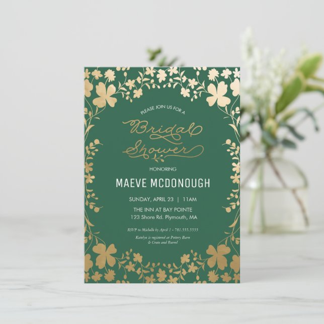 Invitation de douche nuptiale, Vert Vintage & Or (Debout devant)