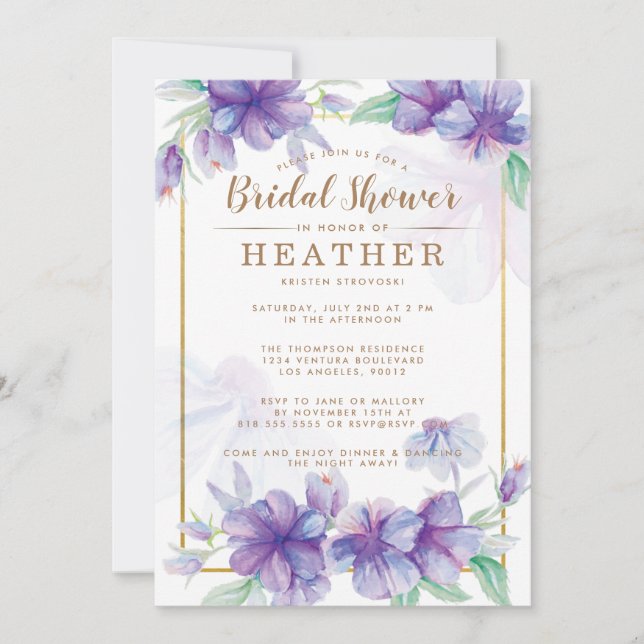 Invitation de douche nuptiale violet et or (Devant)