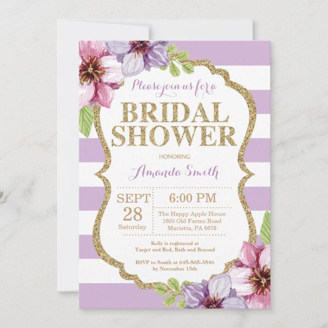 Invitation de douche nuptiale violet et or Floral (Devant)