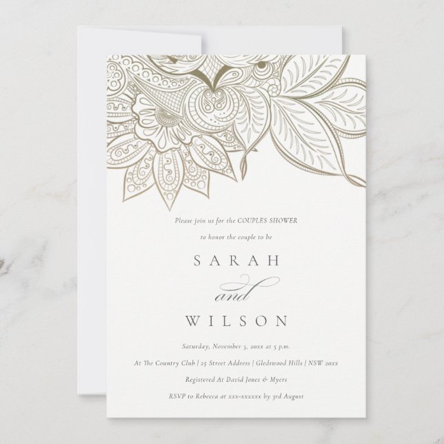 Invitation de douche Ornate Paisley Ivory Gold Cou (Devant)