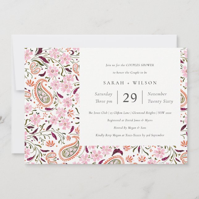 Invitation de douche Paisley Floral Rose Motif Cou (Devant)