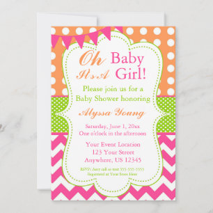 Invitation de douche pour petite fille rose orange