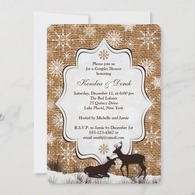 Invitation de douche Rustic Burlap Snowflake Deer (Devant)