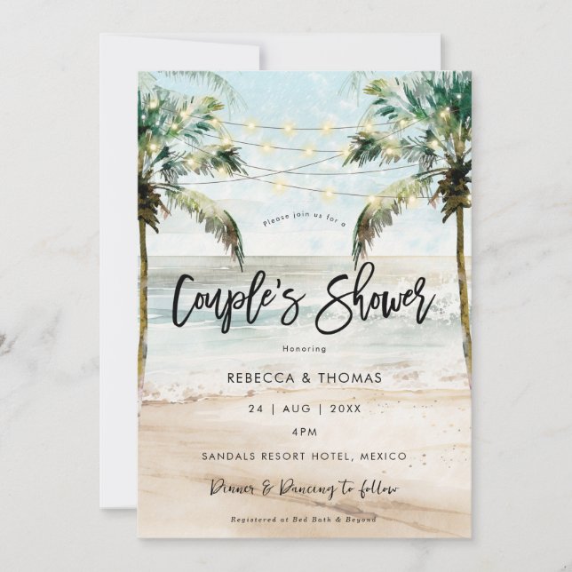 invitation de douche tropicale palmiers couples (Devant)