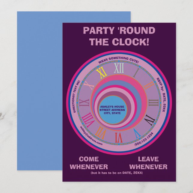 Invitation de fête 24 heures Horloge ronde bleu vi (Devant / Derrière)