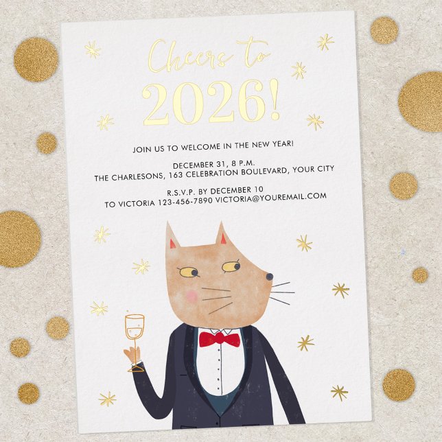 Invitation de fête à paillettes pour le Nouvel An  (Gold foil personalized text suave sophisticated cat humor New Year's Party 2026 invitation)
