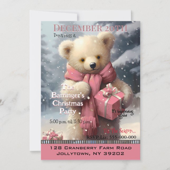 Invitation de fête annuel de l'ours de Noël rose (Devant)