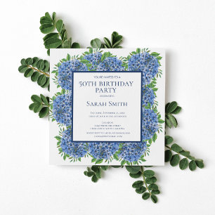 Invitation de fête aquarelle aux hortensias bleus