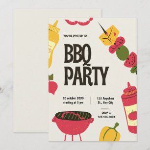 Invitation de fête BBQ rouge et noir gras Illust