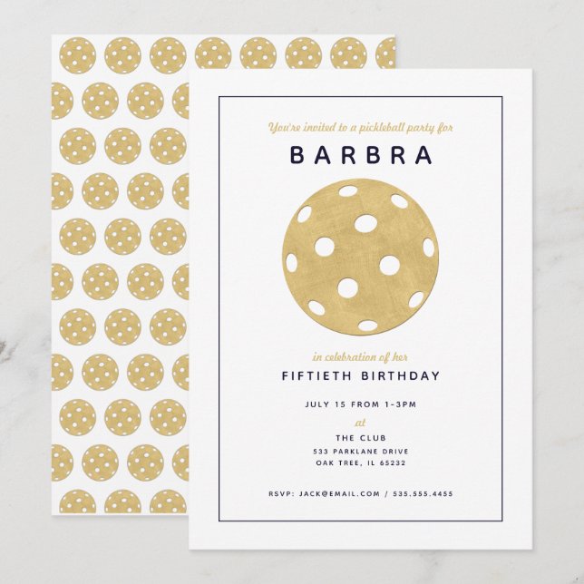 Invitation de fête chic Pickleball Party Gold Blac (Devant / Derrière)
