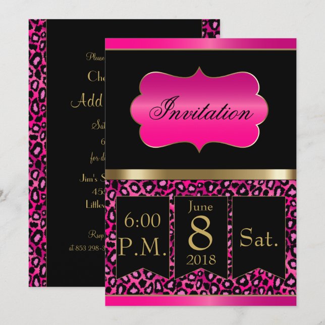 Invitation de fête Cool Hot Pink & Black Leopard (Devant / Derrière)