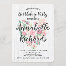 Invitation de fête d'anniversaire à cœur floral ro