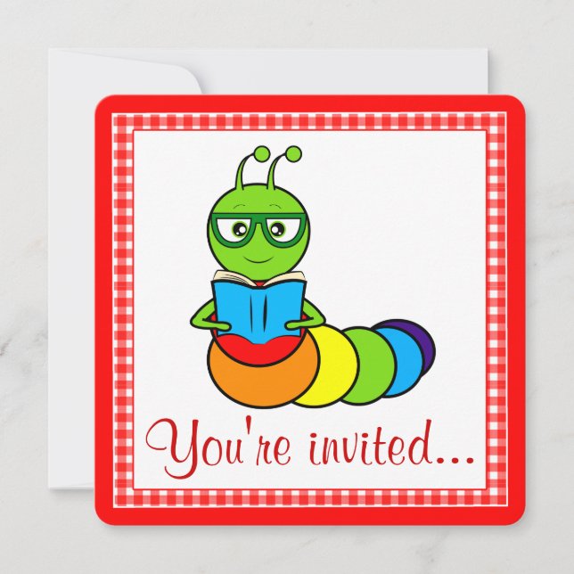 Invitation de fête d'anniversaire avec ver de livr (Devant)