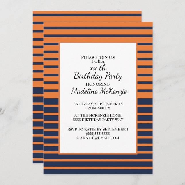 Invitation de fête d'anniversaire bleu orange (Devant / Derrière)