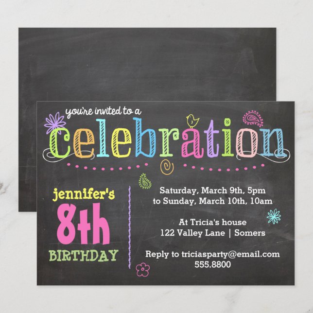 Invitation de fête d'anniversaire - Chalk + Neon (Devant / Derrière)