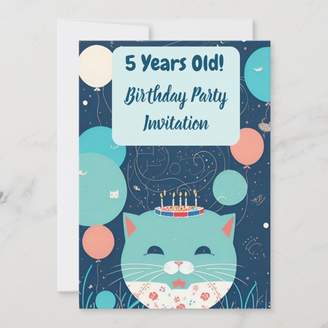 Invitation de fête d'anniversaire Chat 5 ans Turqu (Devant)